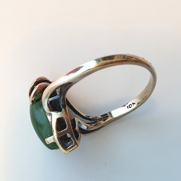Precious Vintage 10K Yellow Gold Marquise Nephrite Jade & Diamond Cocktail Ring - Picture 5 of 12